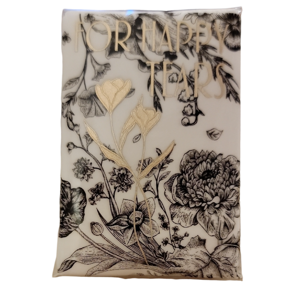 Floral Black & White w/Gold Decorative Print "For Happy Tears" Wedding Tissues